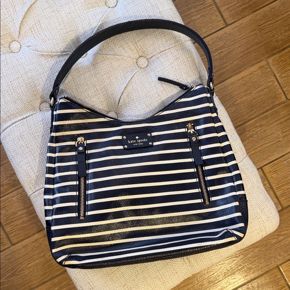 kate spade Navy and White Striped Shoulder Bag with Front Zippers